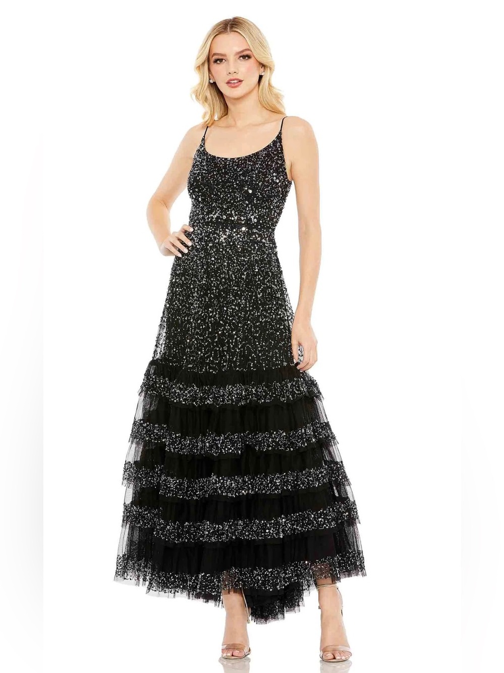 Mac Duggal 10883 Scoop Neck A-Line Sequin Dress Black Size 14 $598